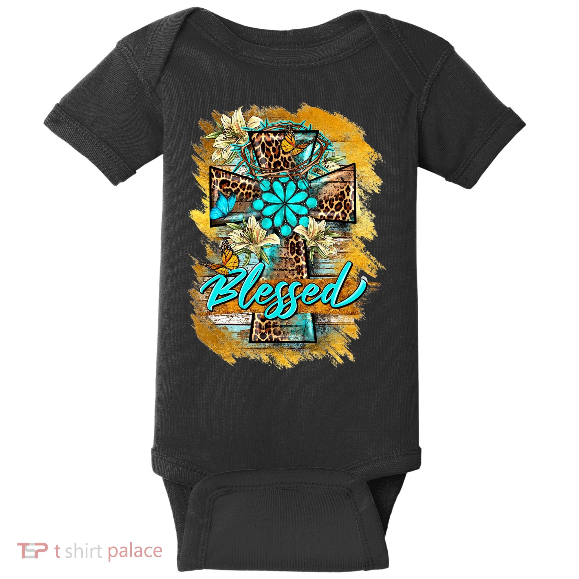 Western Sunflowers Leopard Cross Blessed Jesus Christian Baby Bodysuit