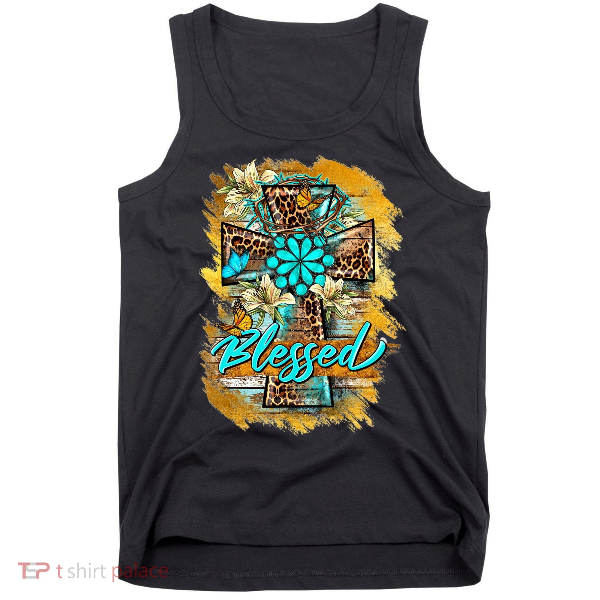 Western Sunflowers Leopard Cross Blessed Jesus Christian Tank Top