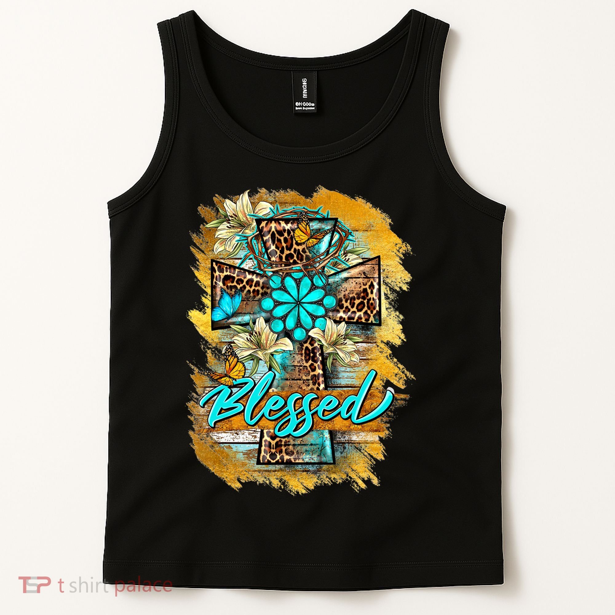 Western Sunflowers Leopard Cross Blessed Jesus Christian Tank Top