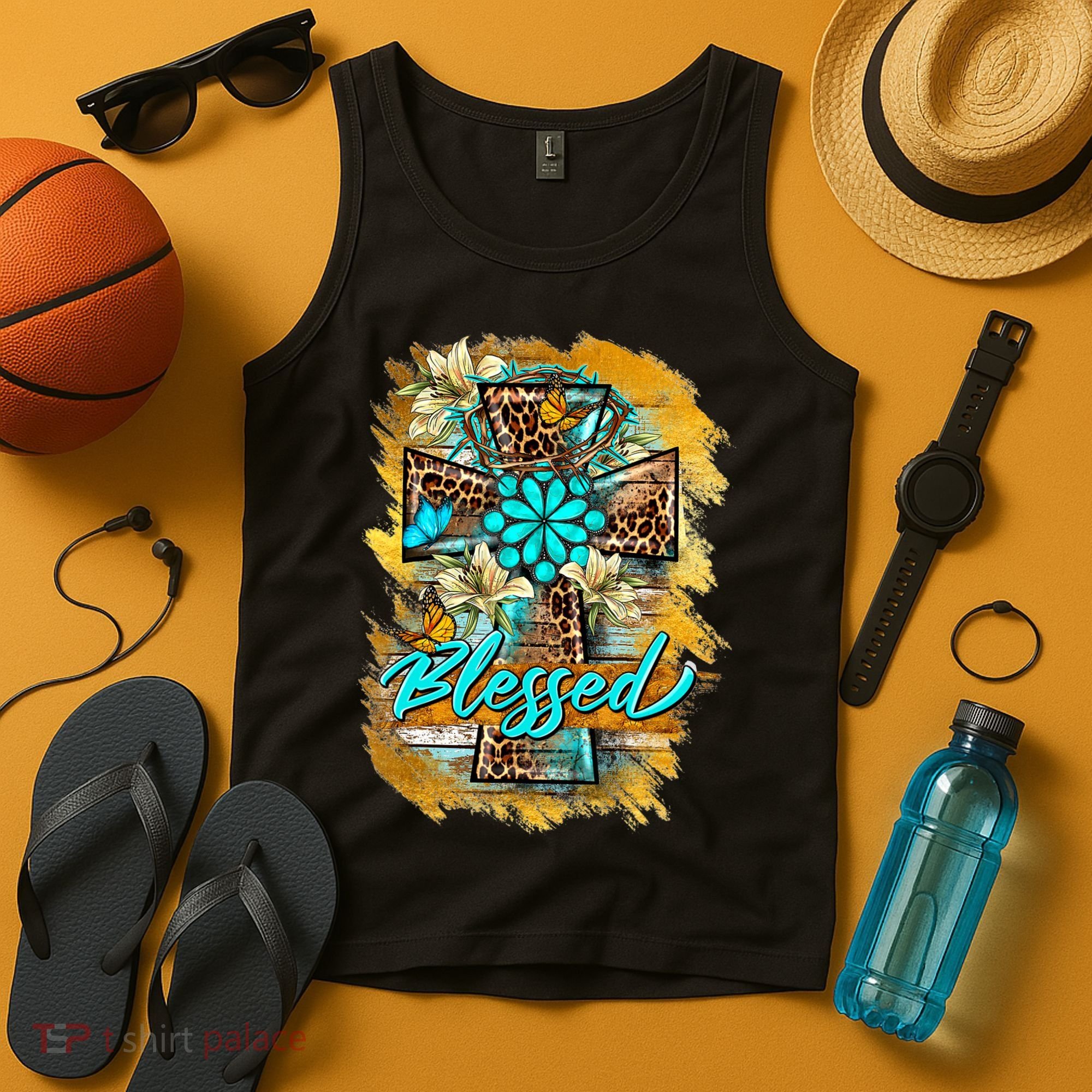 Western Sunflowers Leopard Cross Blessed Jesus Christian Tank Top
