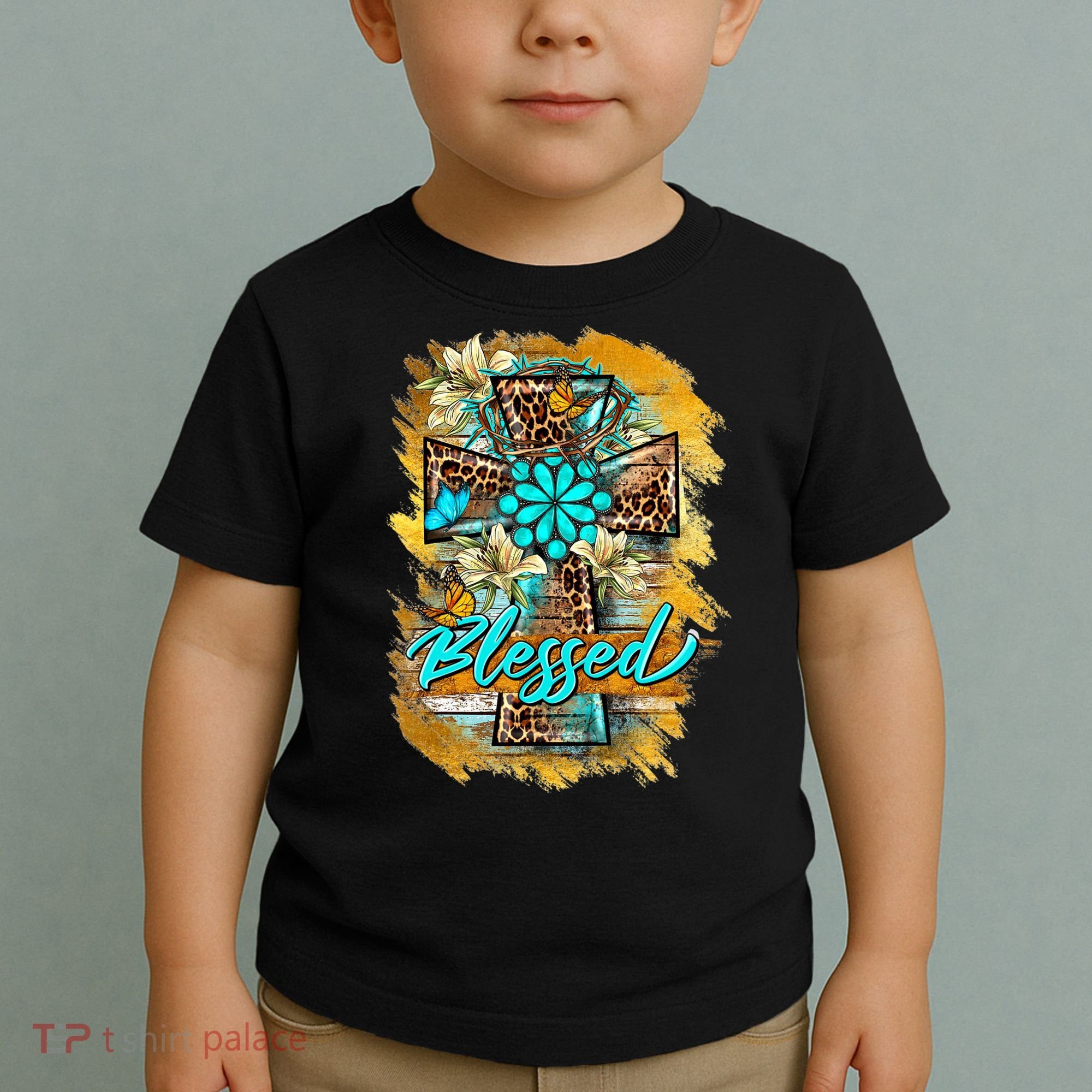 Western Sunflowers Leopard Cross Blessed Jesus Christian Toddler T-Shirt