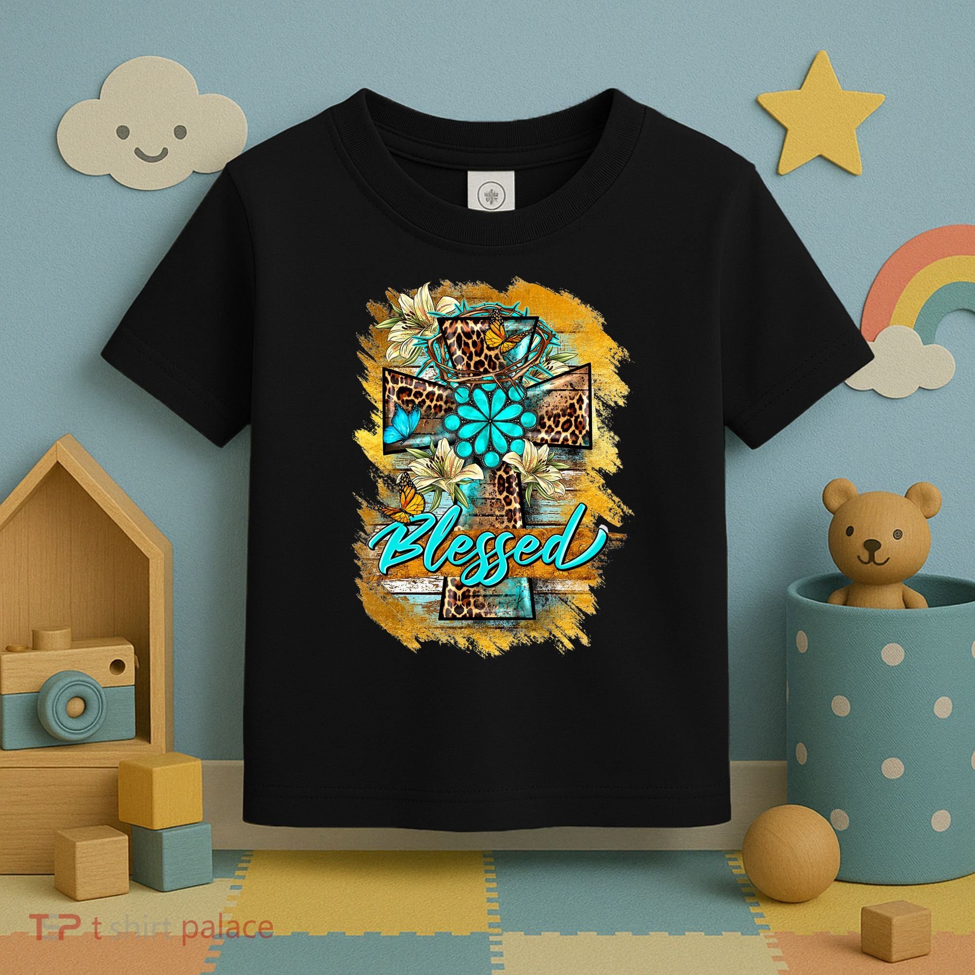 Western Sunflowers Leopard Cross Blessed Jesus Christian Toddler T-Shirt