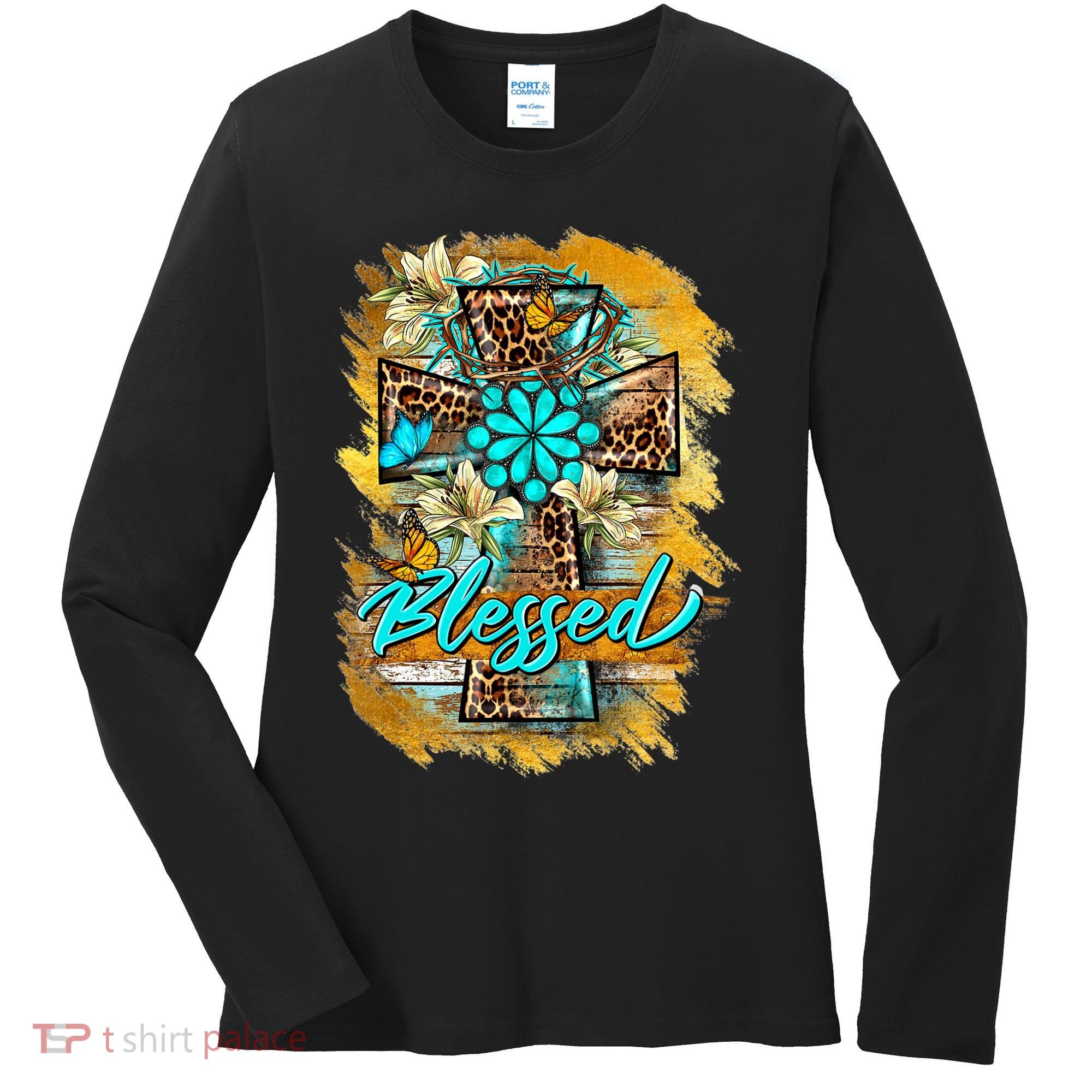 Western Sunflowers Leopard Cross Blessed Jesus Christian Women's Long Sleeve Shirt