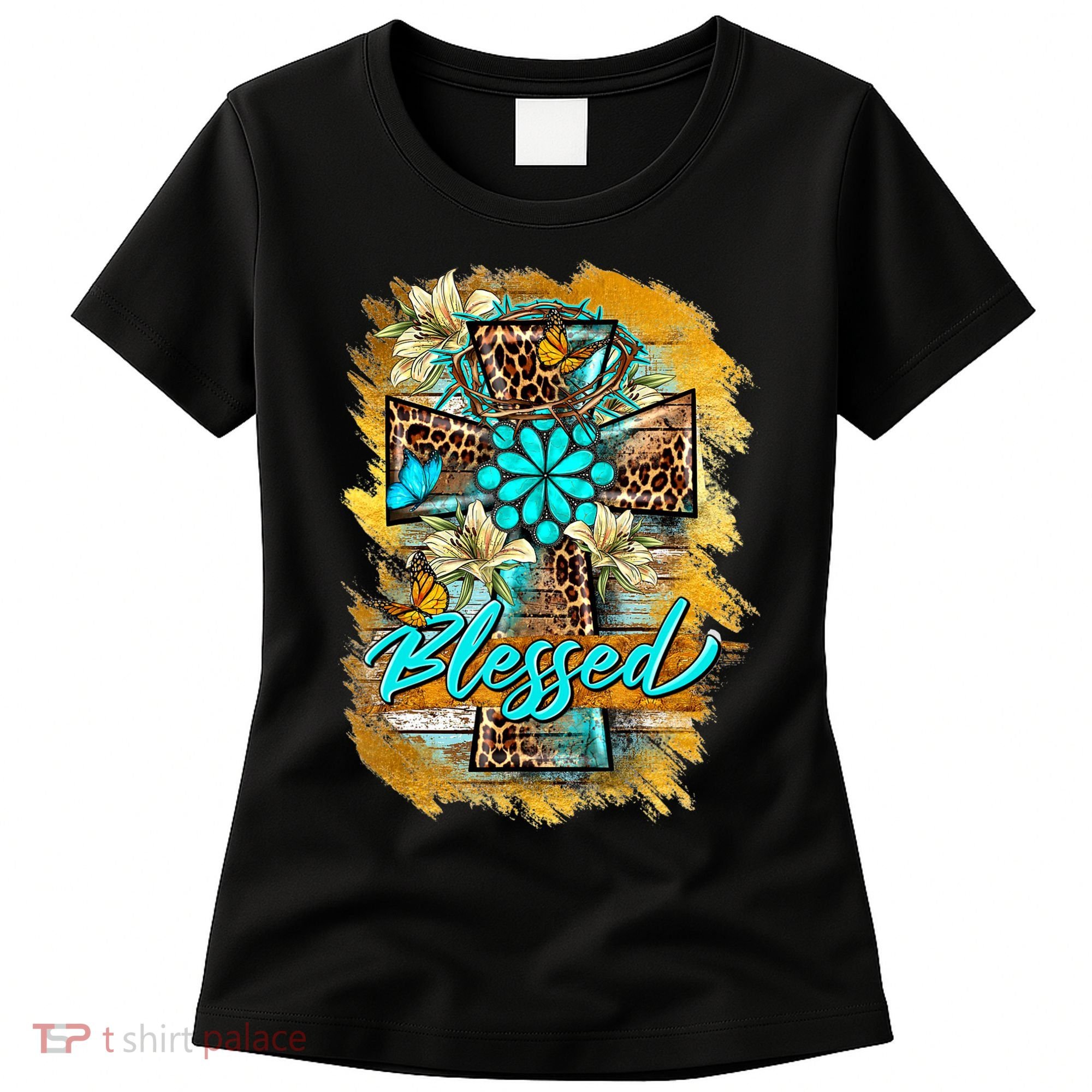 Western Sunflowers Leopard Cross Blessed Jesus Christian Women's T-Shirt