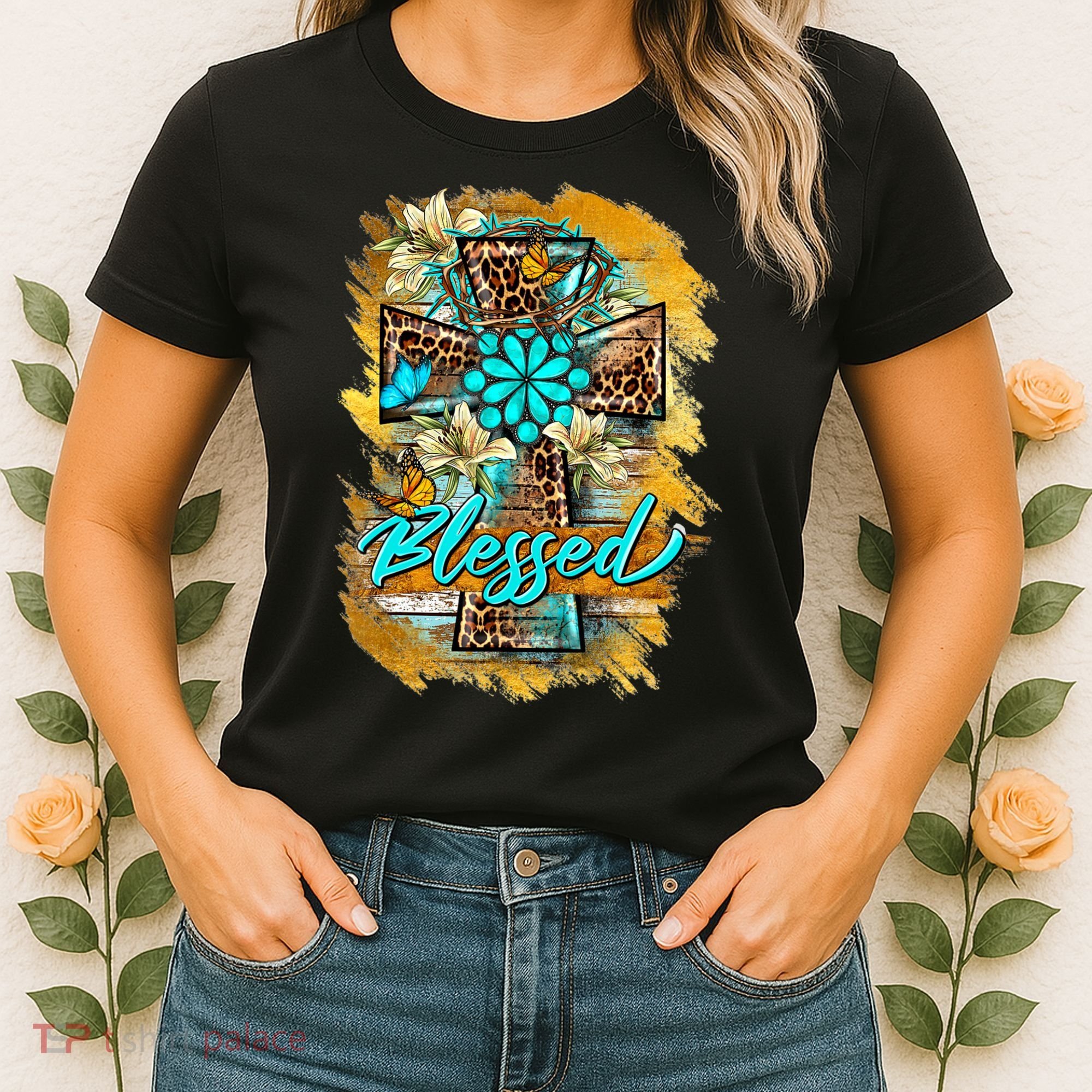 Western Sunflowers Leopard Cross Blessed Jesus Christian Women's T-Shirt