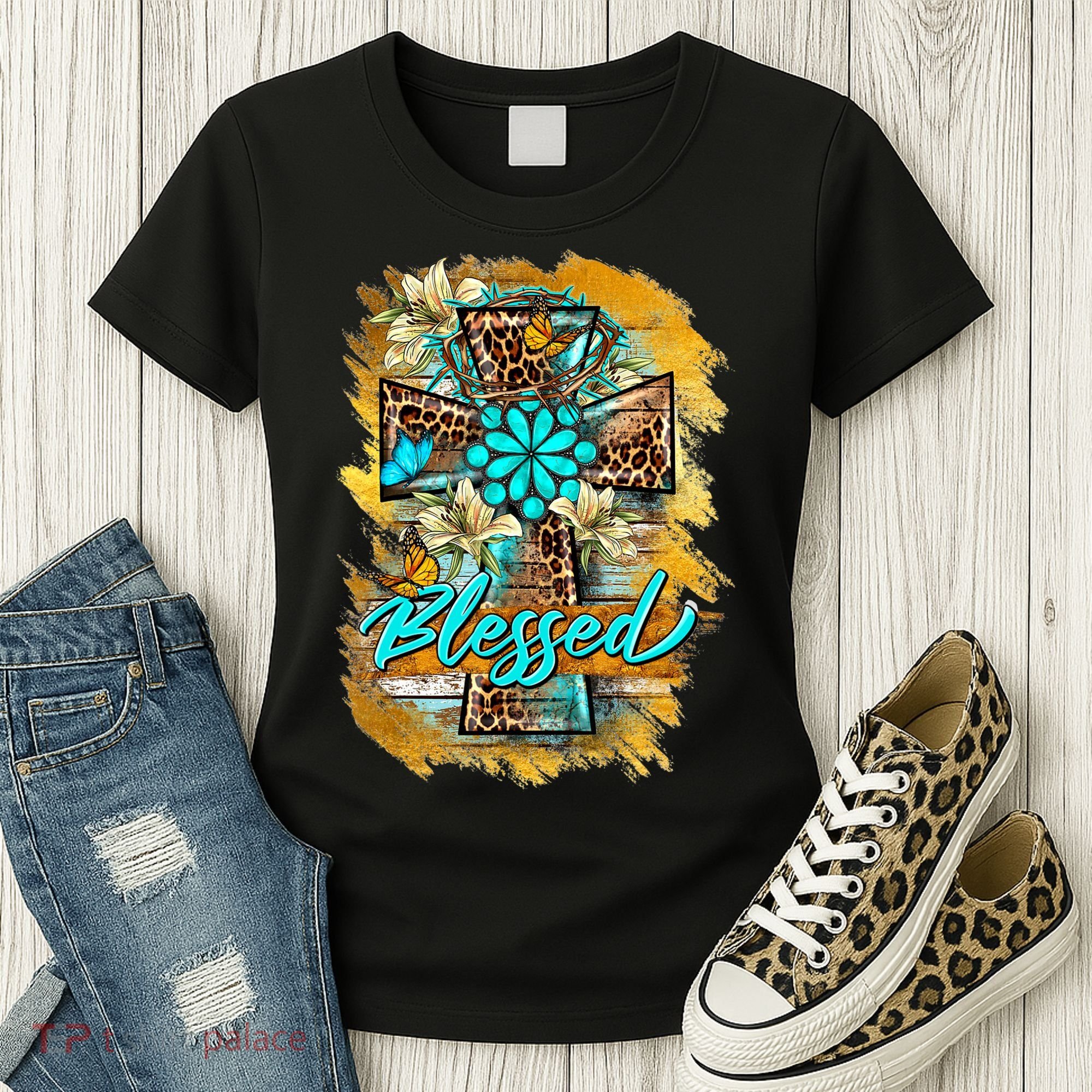 Western Sunflowers Leopard Cross Blessed Jesus Christian Women's T-Shirt