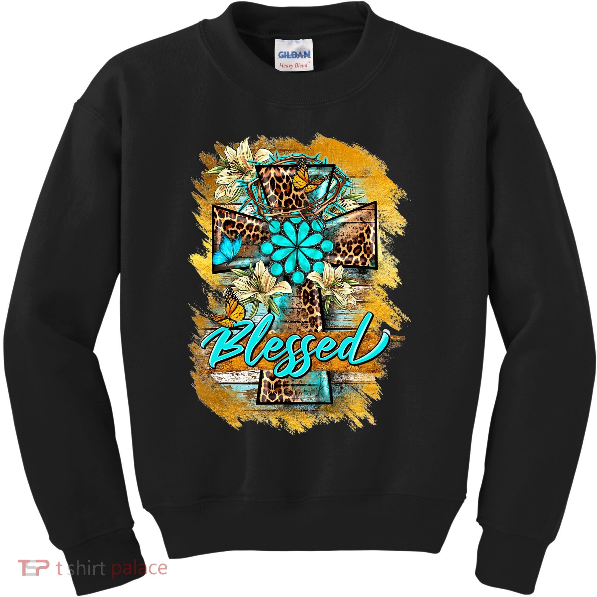Western Sunflowers Leopard Cross Blessed Jesus Christian Kids Sweatshirt