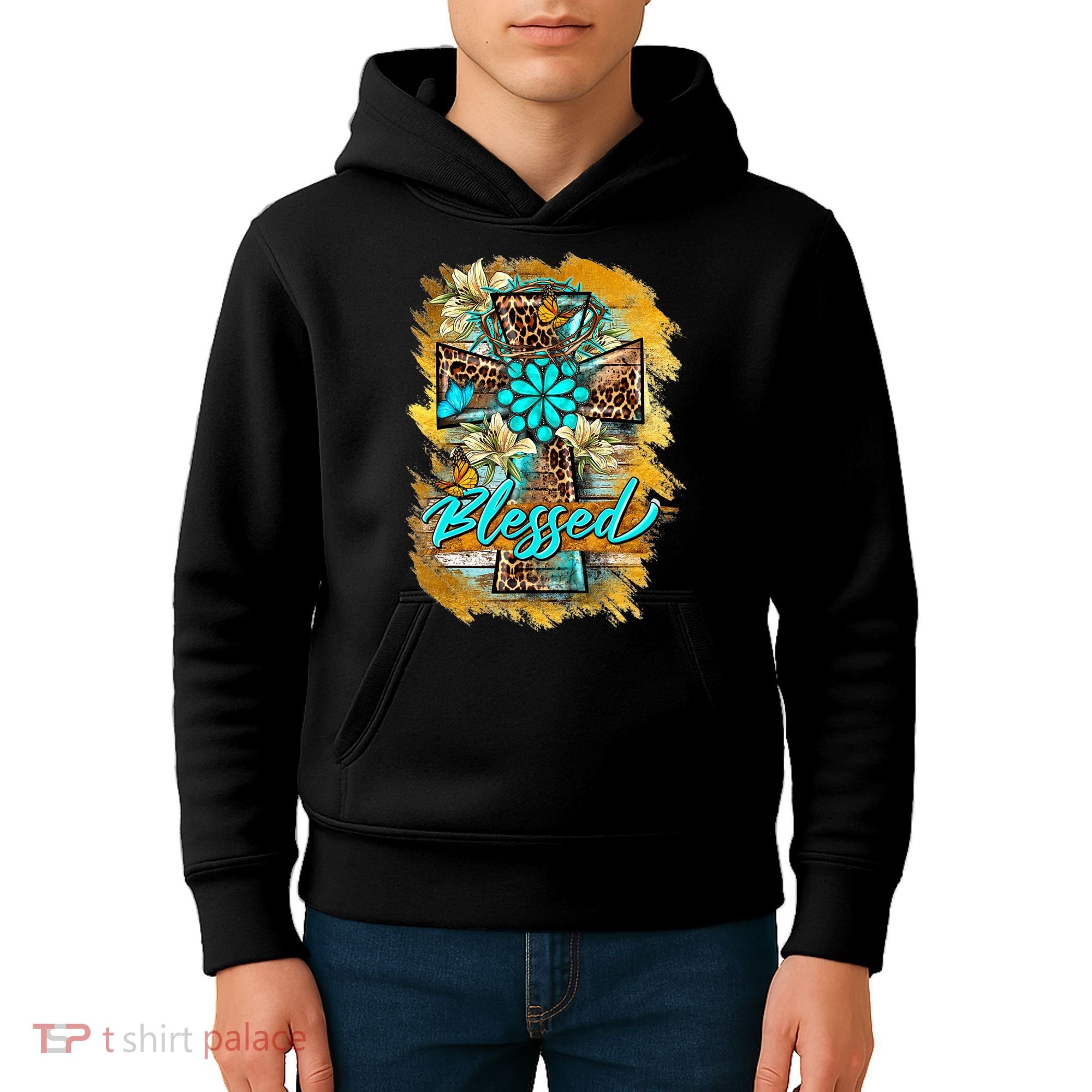 Western Sunflowers Leopard Cross Blessed Jesus Christian Kids Hoodie