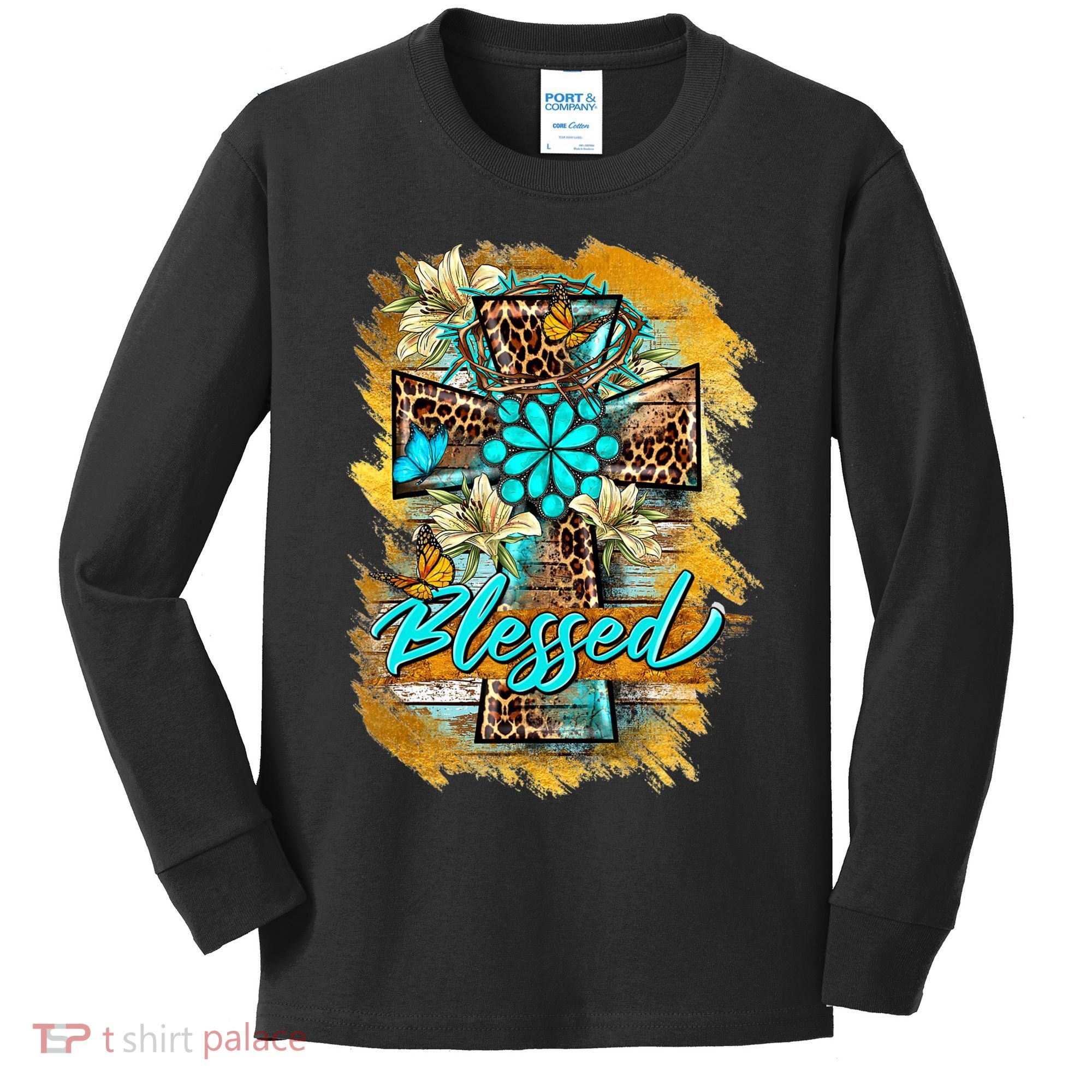 Western Sunflowers Leopard Cross Blessed Jesus Christian Kids Long Sleeve Shirt