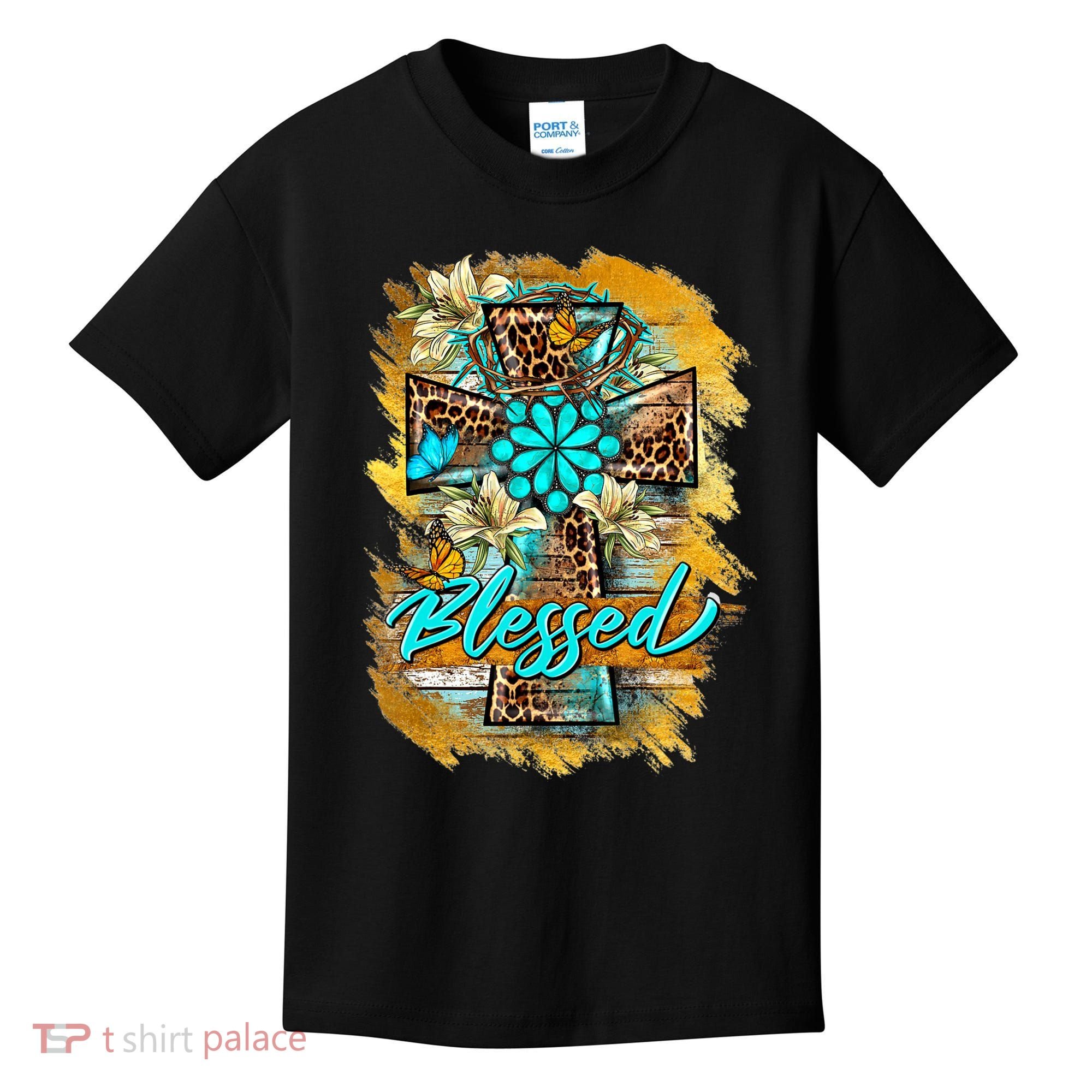 Western Sunflowers Leopard Cross Blessed Jesus Christian Kids T-Shirt