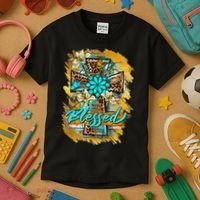 Western Sunflowers Leopard Cross Blessed Jesus Christian Kids T-Shirt thumb 3