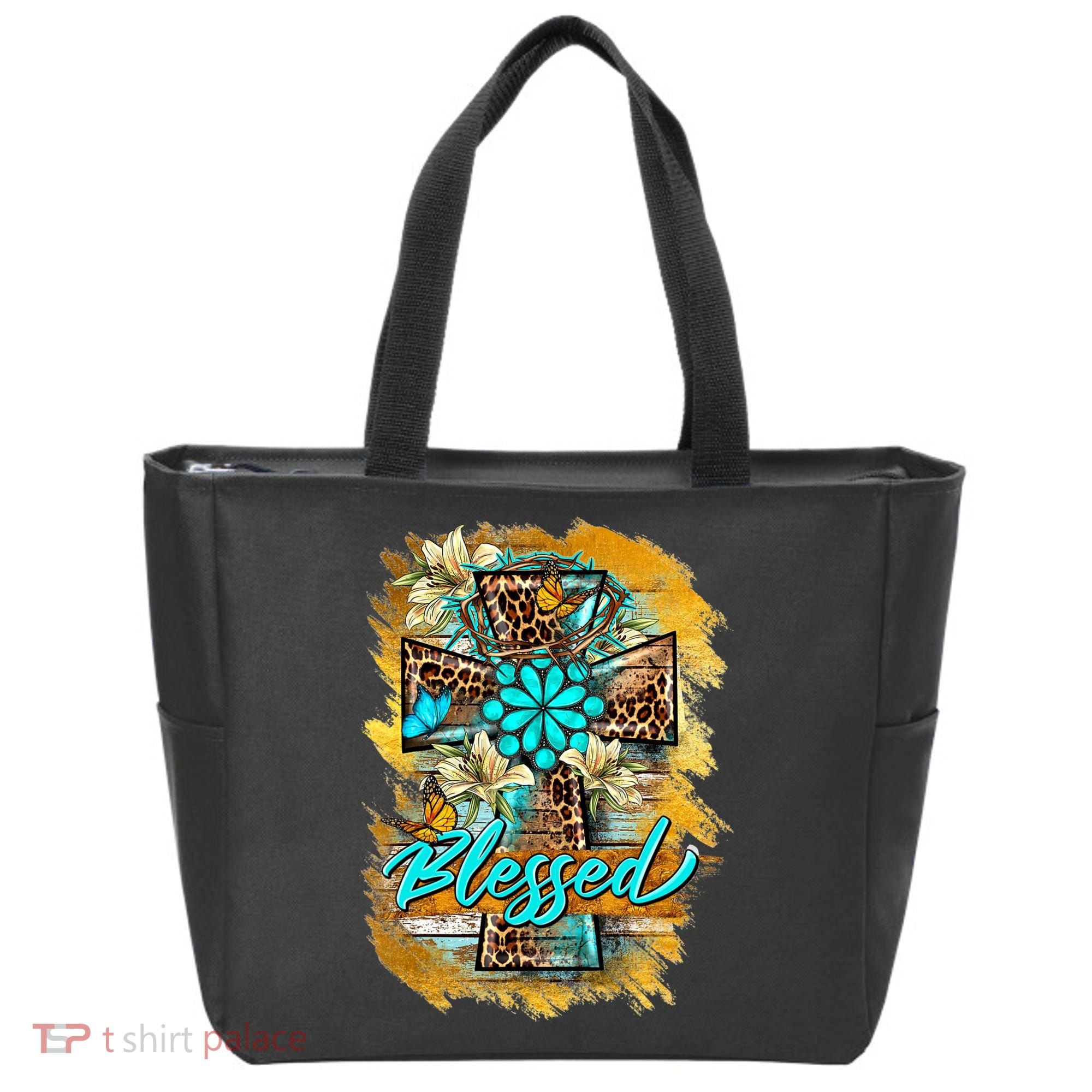 Western Sunflowers Leopard Cross Blessed Jesus Christian Tote Bag