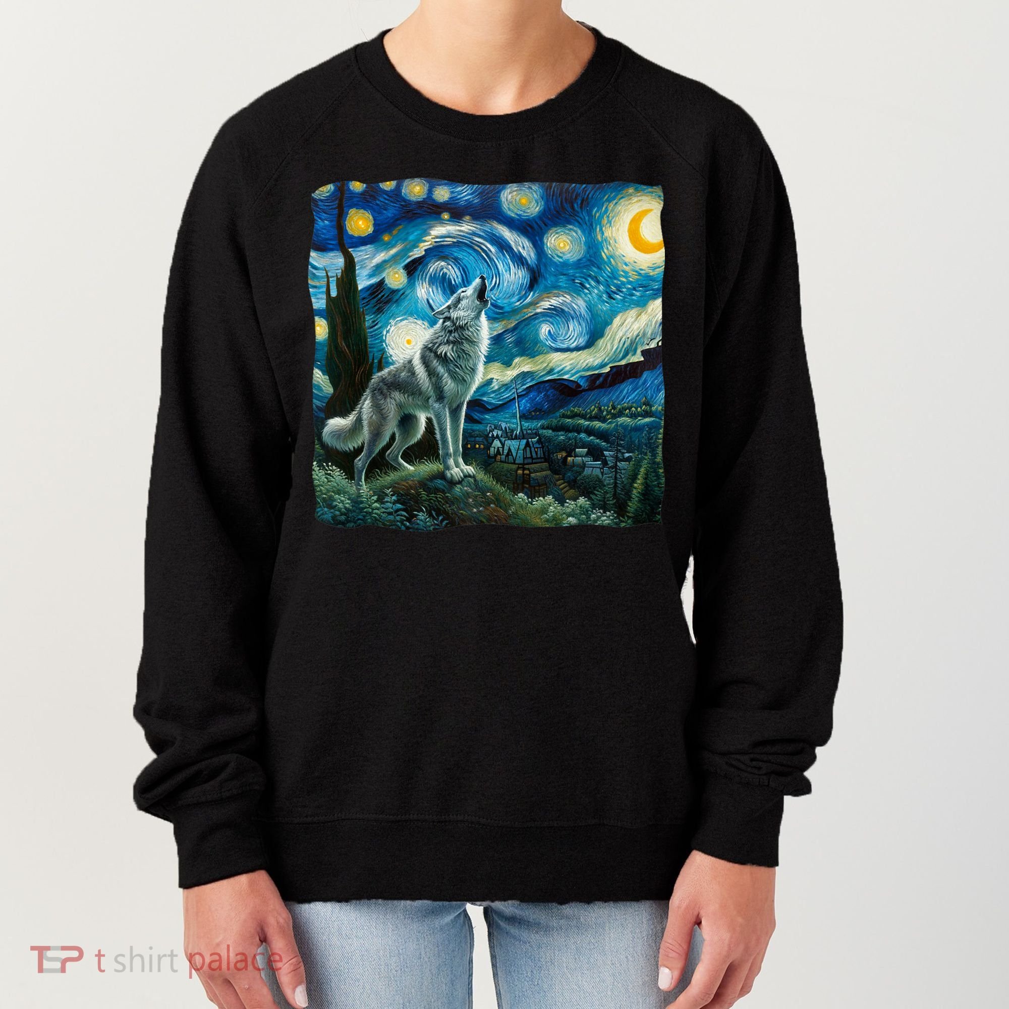 Wolf Starry Night Howling Moon Funny Gifts Van Gogh Women's Sweatshirt