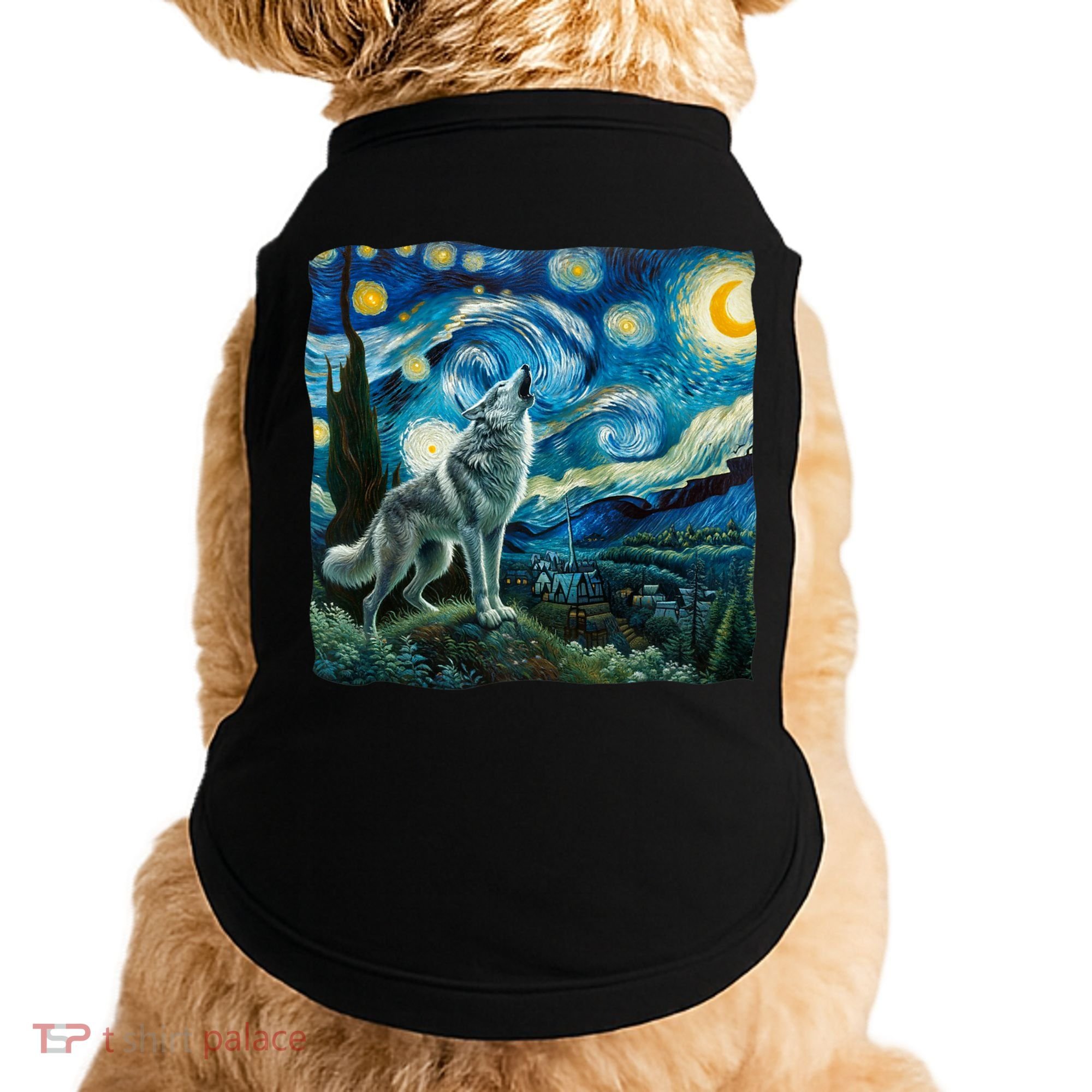 Wolf Starry Night Howling Moon Funny Gifts Van Gogh Doggie Tank