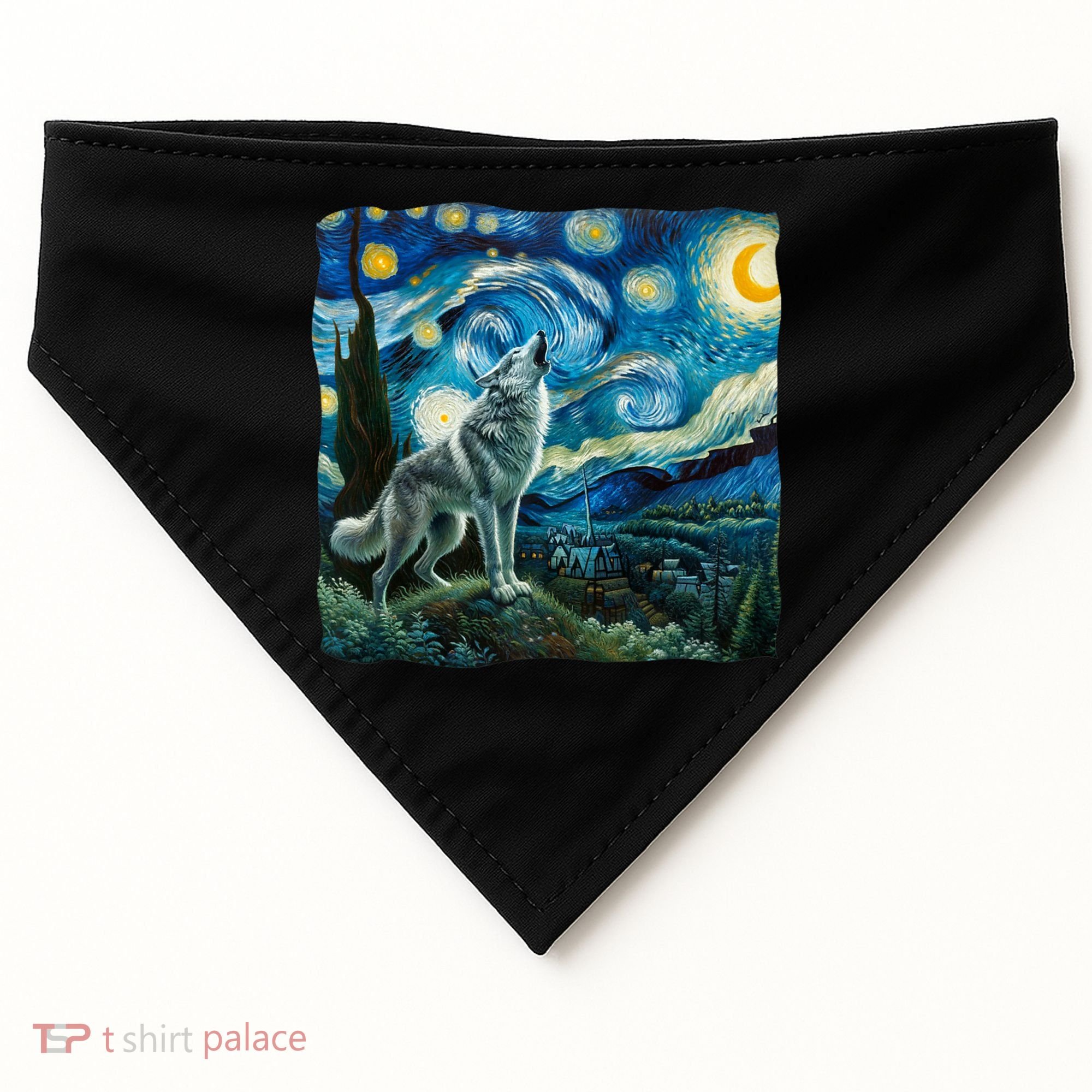 Wolf Starry Night Howling Moon Funny Gifts Van Gogh USA-Made Doggie Bandana
