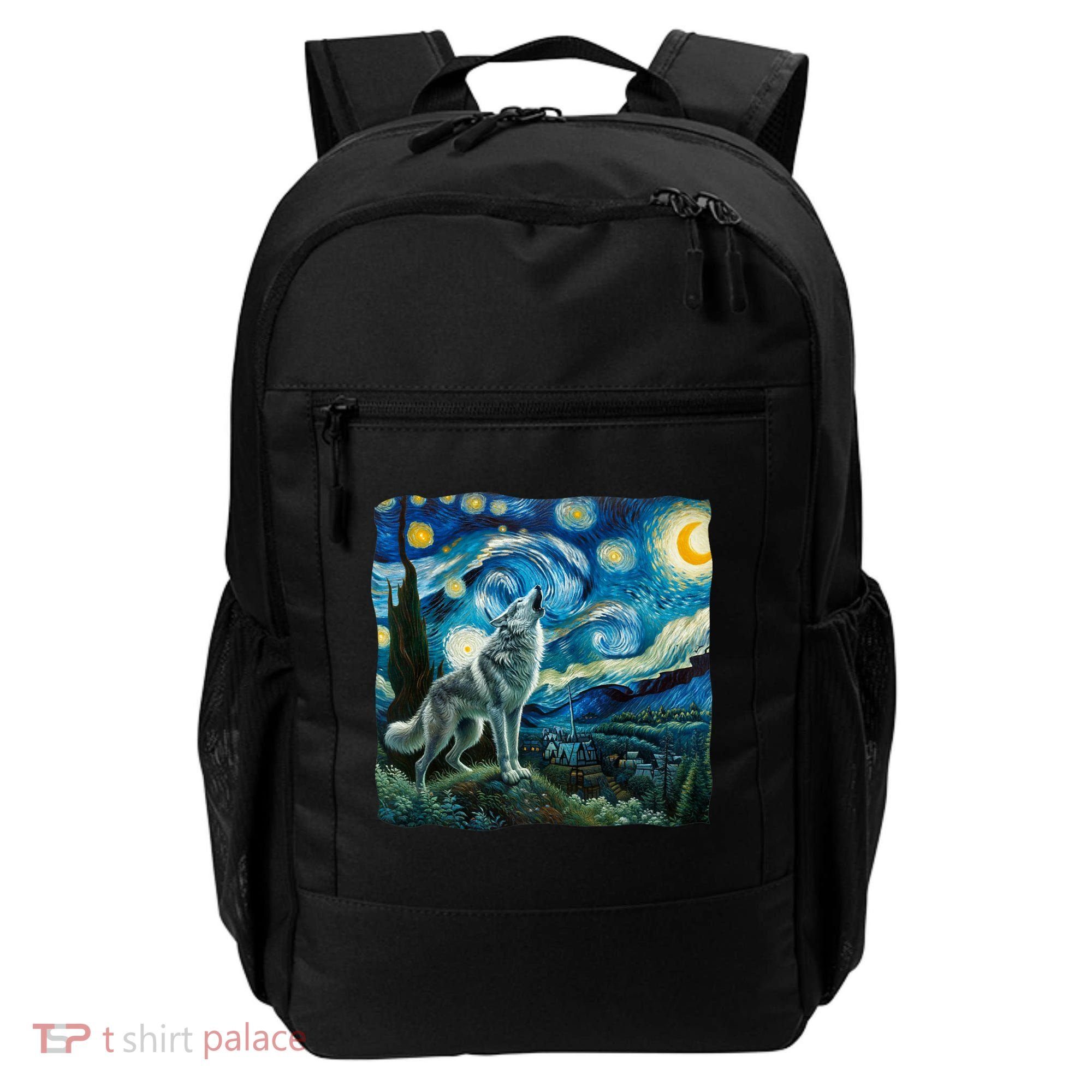 Wolf Starry Night Howling Moon Funny Gifts Van Gogh Backpack