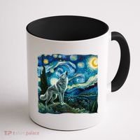 Wolf Starry Night Howling Moon Funny Gifts Van Gogh Coffee Mug thumb 1