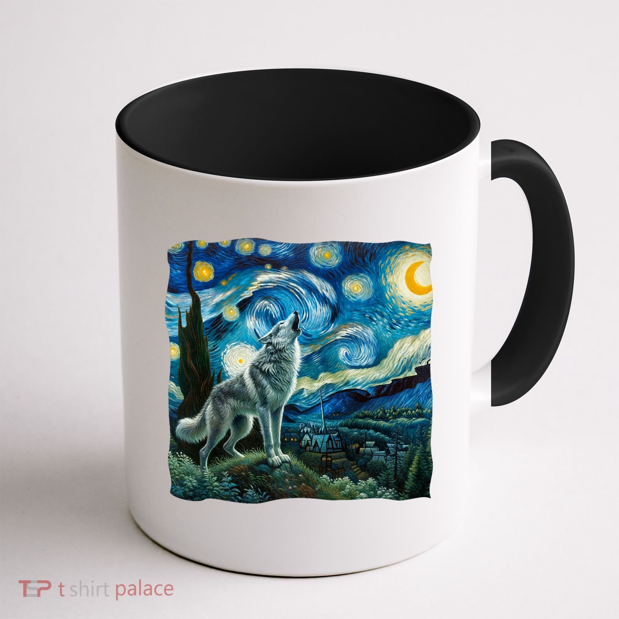 Wolf Starry Night Howling Moon Funny Gifts Van Gogh Coffee Mug