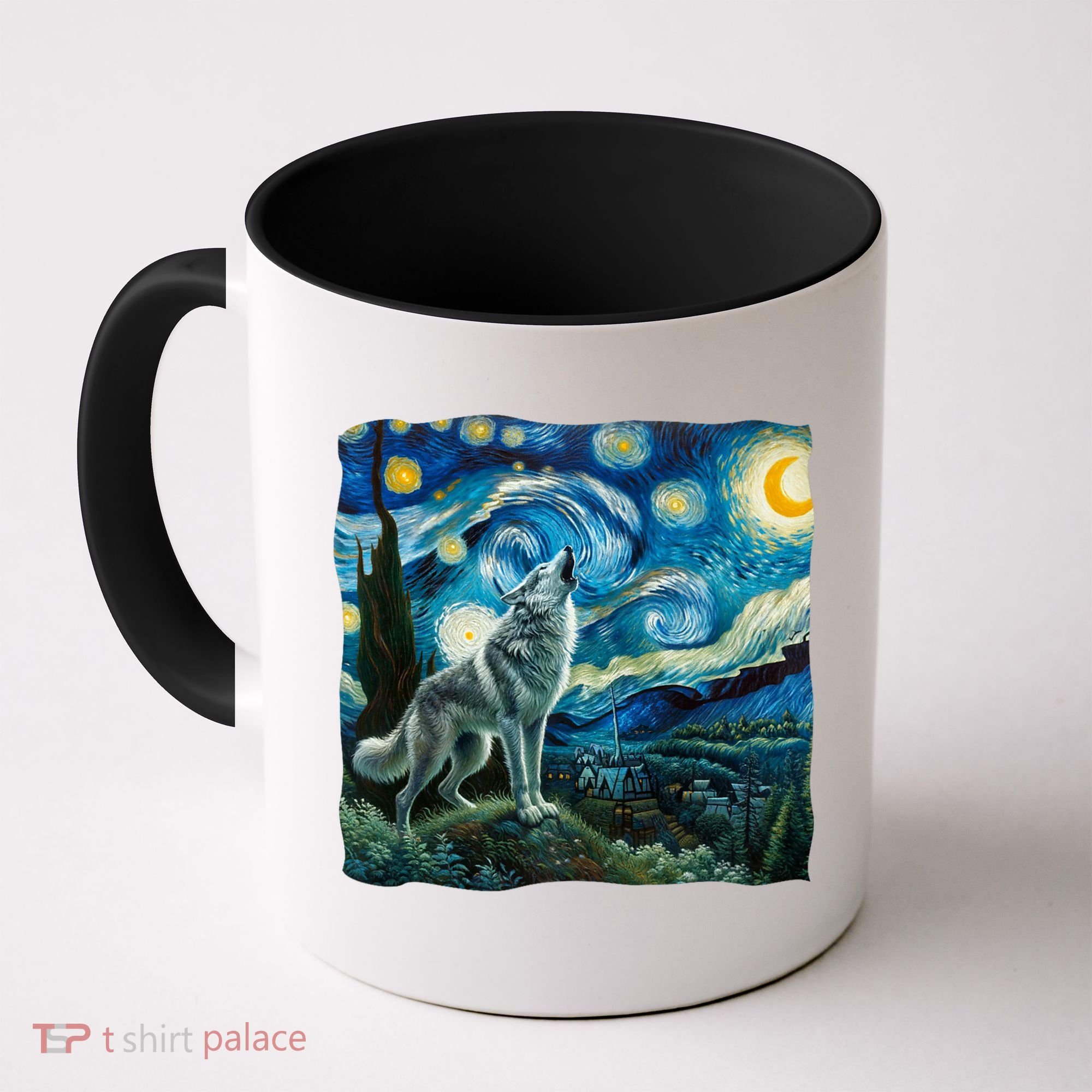 Wolf Starry Night Howling Moon Funny Gifts Van Gogh Coffee Mug