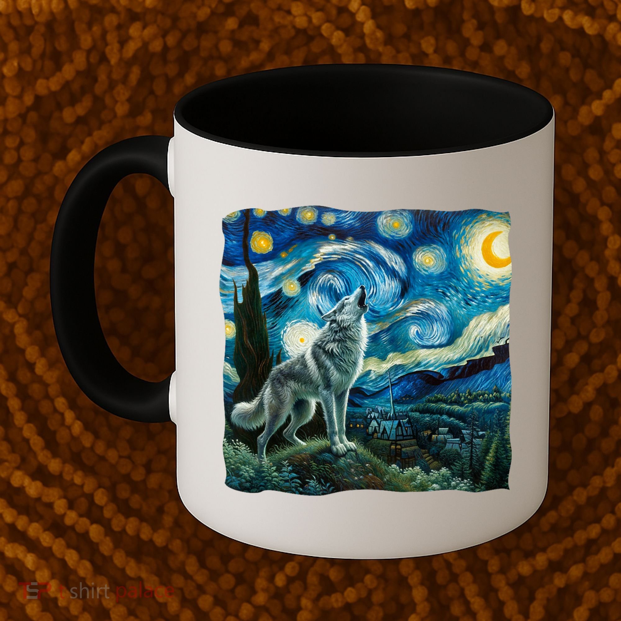 Wolf Starry Night Howling Moon Funny Gifts Van Gogh Coffee Mug
