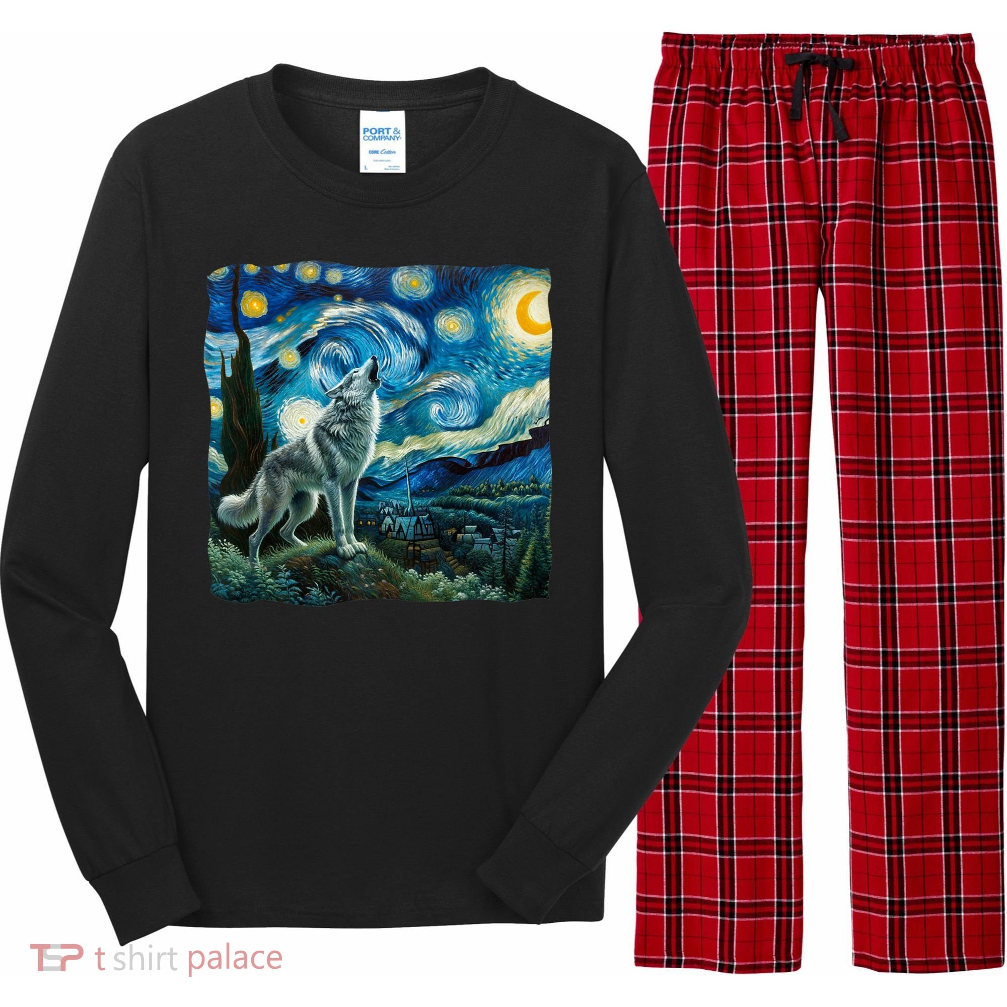 Wolf Starry Night Howling Moon Funny Gifts Van Gogh Long Sleeve Pajama Set