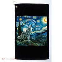 Wolf Starry Night Howling Moon Funny Gifts Van Gogh Golf Towel thumb 0
