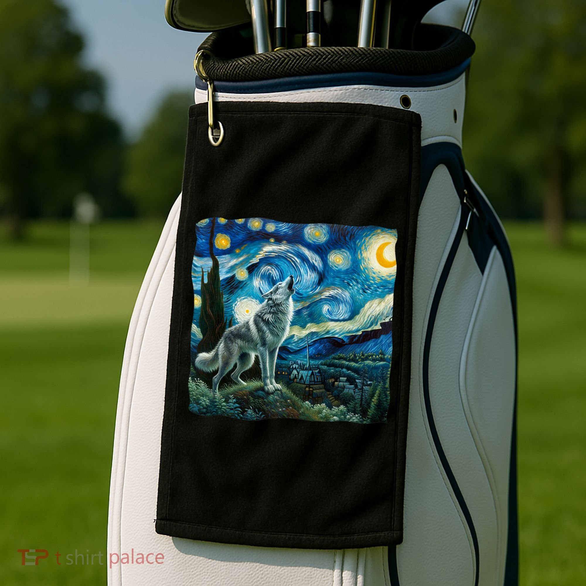 Wolf Starry Night Howling Moon Funny Gifts Van Gogh Golf Towel