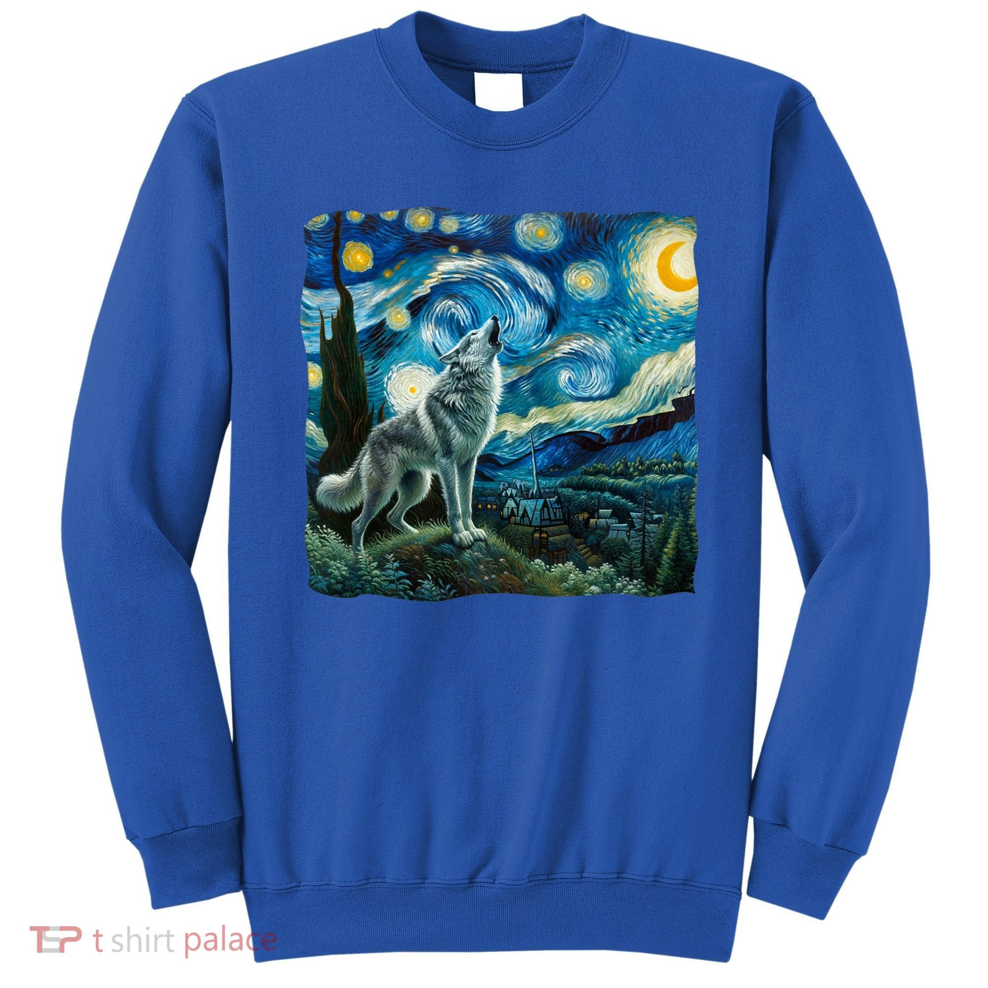 Wolf Starry Night Howling Moon Funny Gifts Van Gogh Sweatshirt