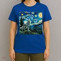 Wolf Starry Night Howling Moon Funny Gifts Van Gogh T-Shirt thumb 4