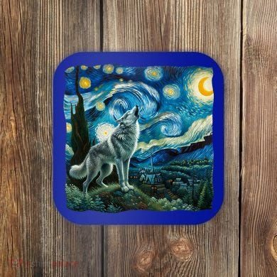 Wolf Starry Night Howling Moon Funny Gifts Van Gogh Coaster