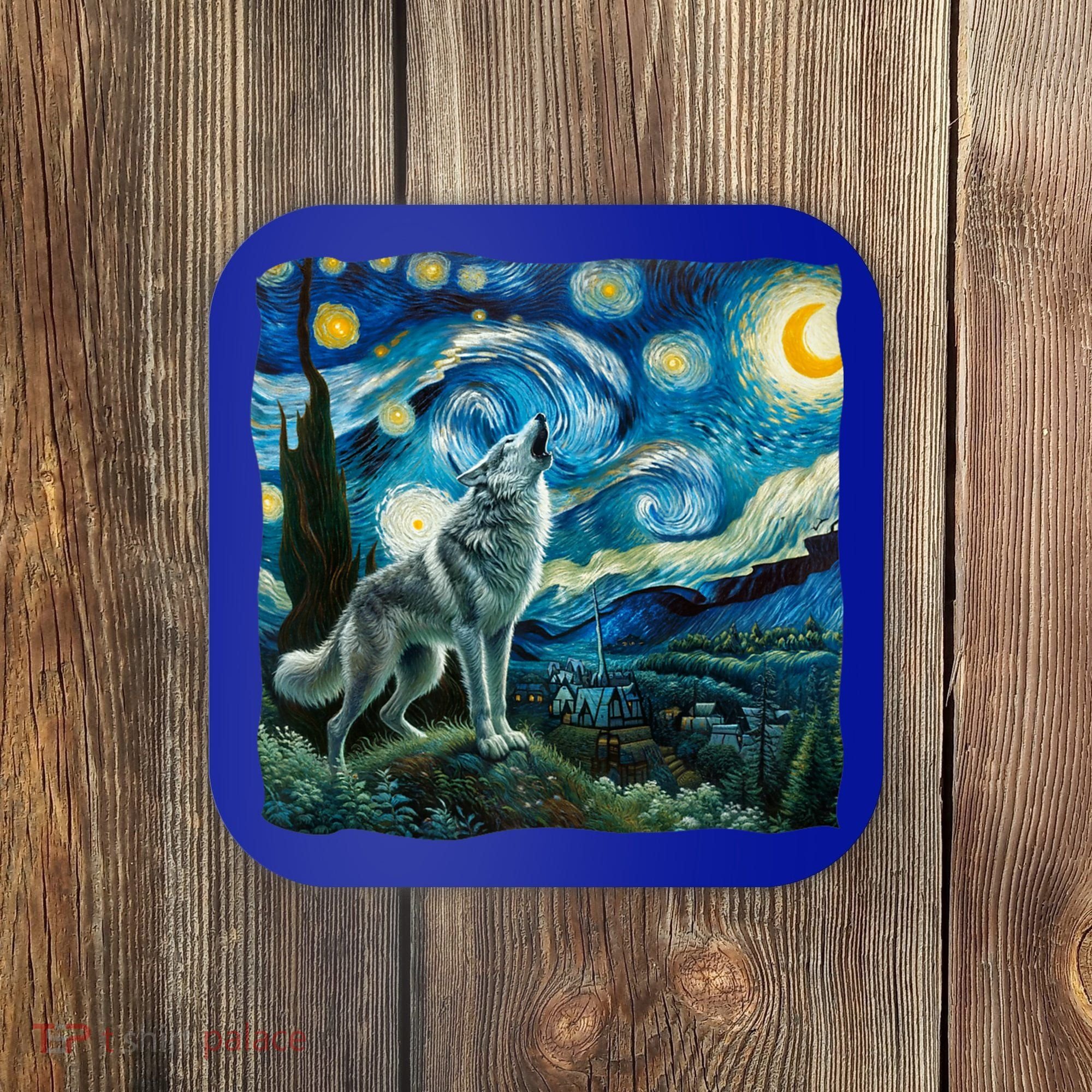 Wolf Starry Night Howling Moon Funny Gifts Van Gogh Coaster