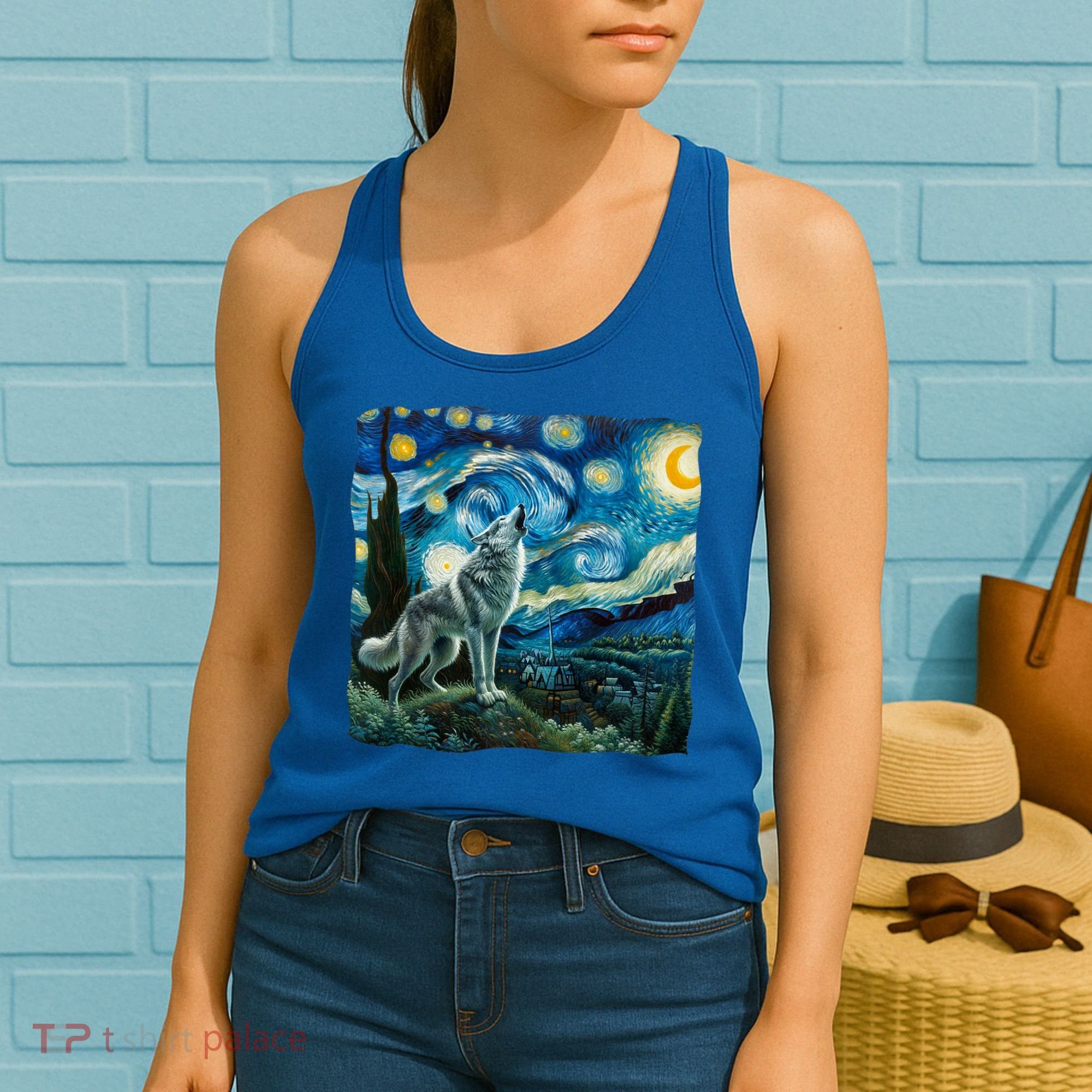 Wolf Starry Night Howling Moon Funny Gifts Van Gogh Women's Tank Top
