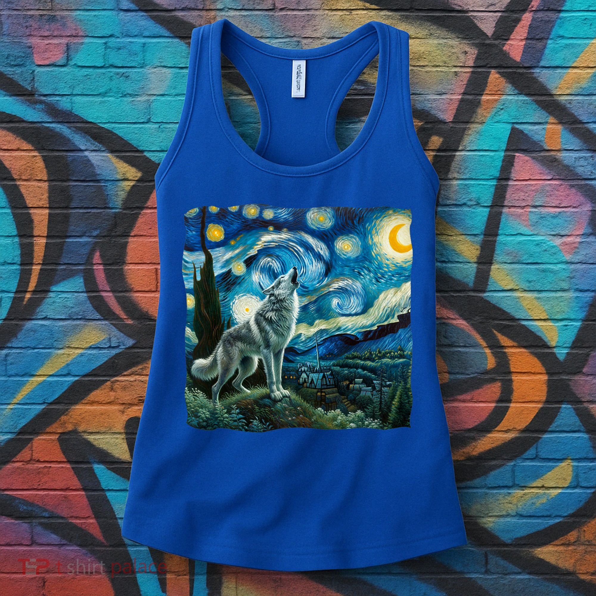 Wolf Starry Night Howling Moon Funny Gifts Van Gogh Women's Tank Top