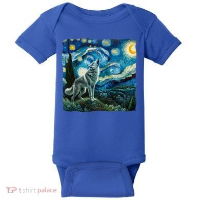 Wolf Starry Night Howling Moon Funny Gifts Van Gogh Baby Bodysuit