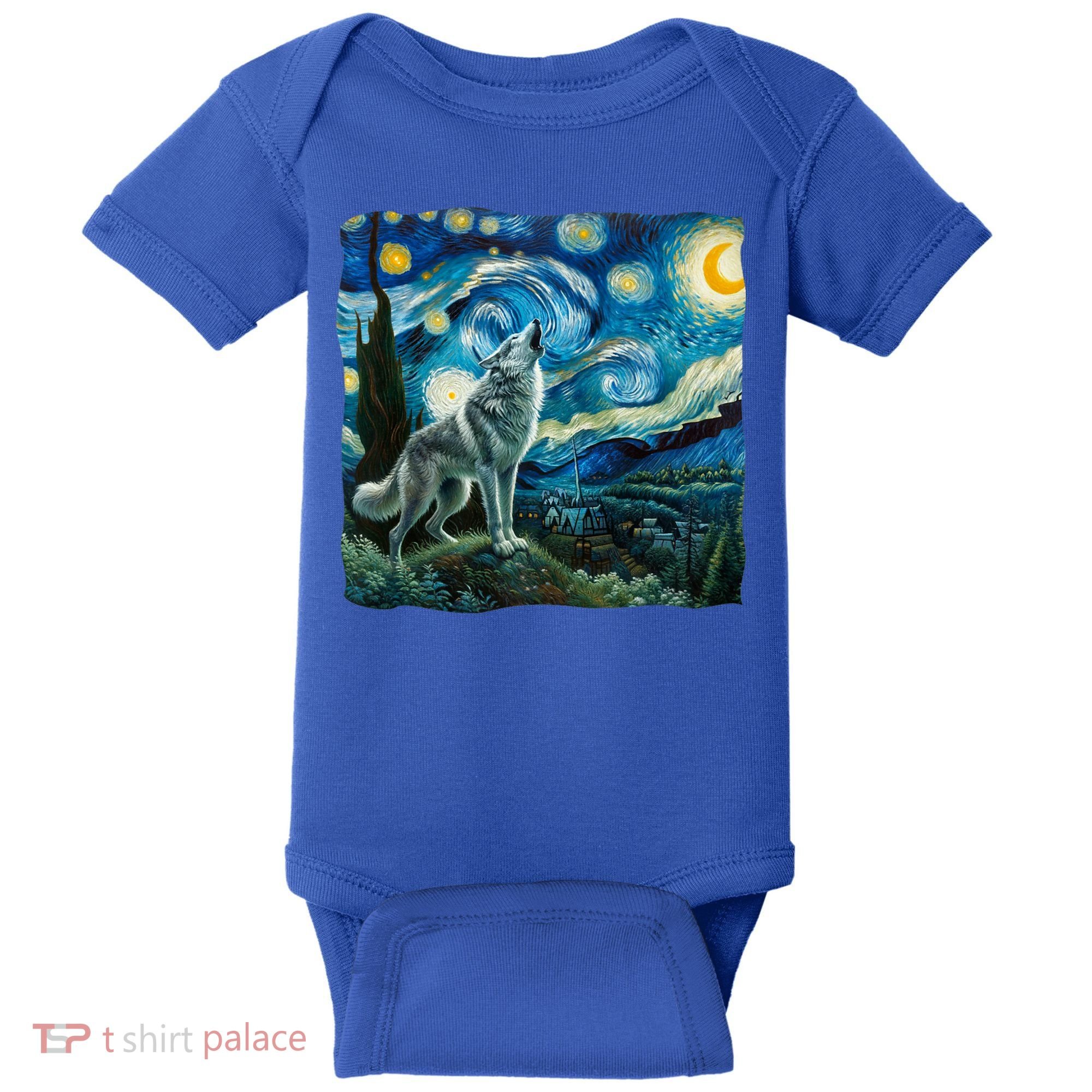Wolf Starry Night Howling Moon Funny Gifts Van Gogh Baby Bodysuit