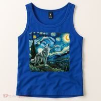 Wolf Starry Night Howling Moon Funny Gifts Van Gogh Tank Top thumb 2