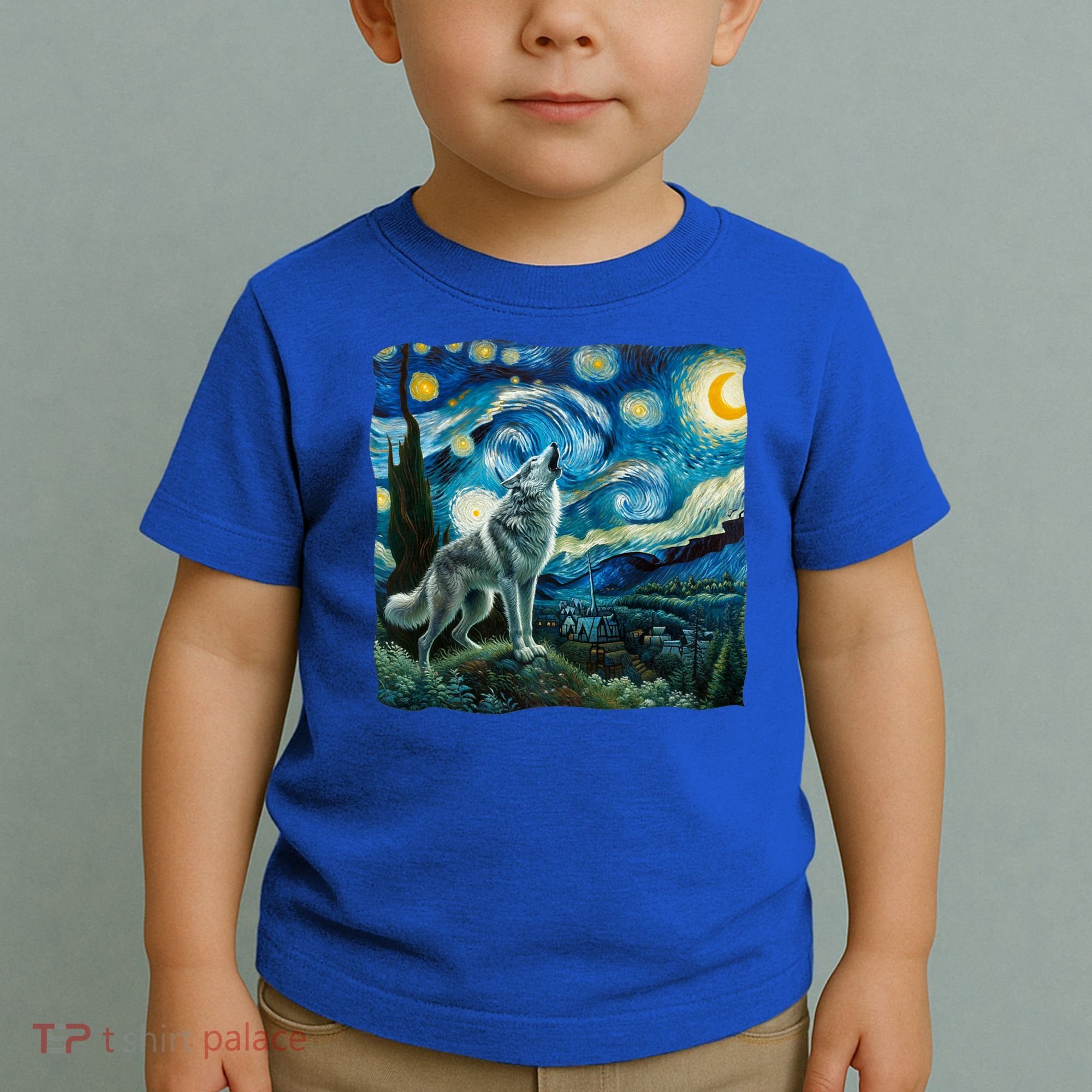 Wolf Starry Night Howling Moon Funny Gifts Van Gogh Toddler T-Shirt