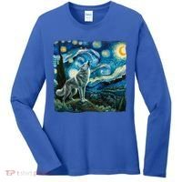 Wolf Starry Night Howling Moon Funny Gifts Van Gogh Women's Long Sleeve Shirt thumb 0