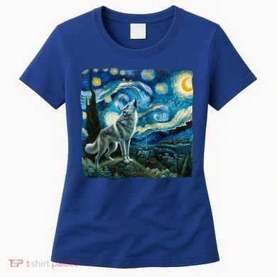 Wolf Starry Night Howling Moon Funny Gifts Van Gogh Women's T-Shirt