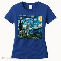 Wolf Starry Night Howling Moon Funny Gifts Van Gogh Women's T-Shirt thumb 0