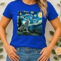 Wolf Starry Night Howling Moon Funny Gifts Van Gogh Women's T-Shirt thumb 2