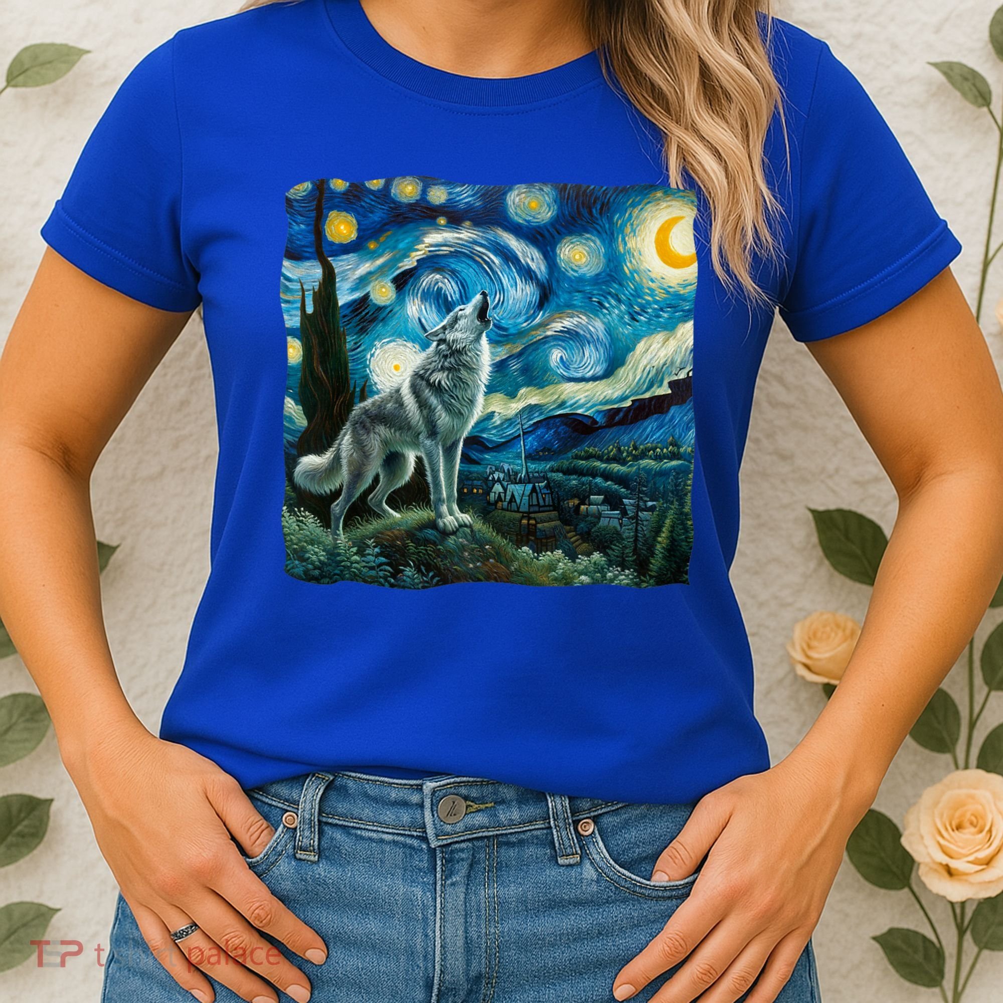 Wolf Starry Night Howling Moon Funny Gifts Van Gogh Women's T-Shirt