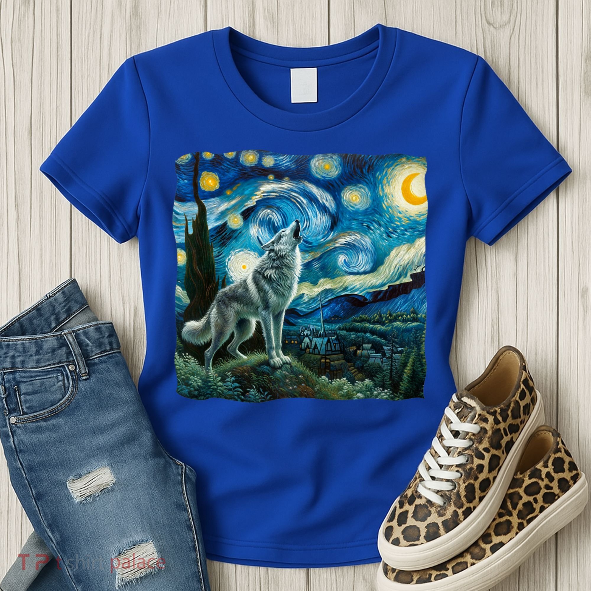Wolf Starry Night Howling Moon Funny Gifts Van Gogh Women's T-Shirt