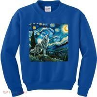 Wolf Starry Night Howling Moon Funny Gifts Van Gogh Kids Sweatshirt thumb 0