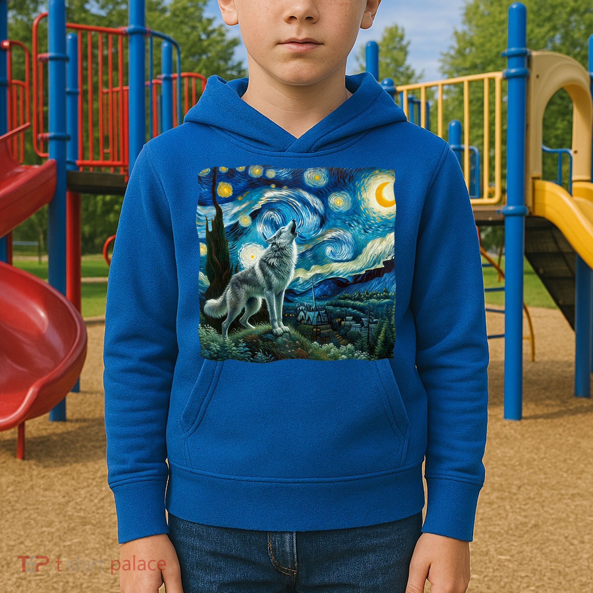 Wolf Starry Night Howling Moon Funny Gifts Van Gogh Kids Hoodie