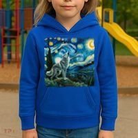 Wolf Starry Night Howling Moon Funny Gifts Van Gogh Kids Hoodie thumb 3