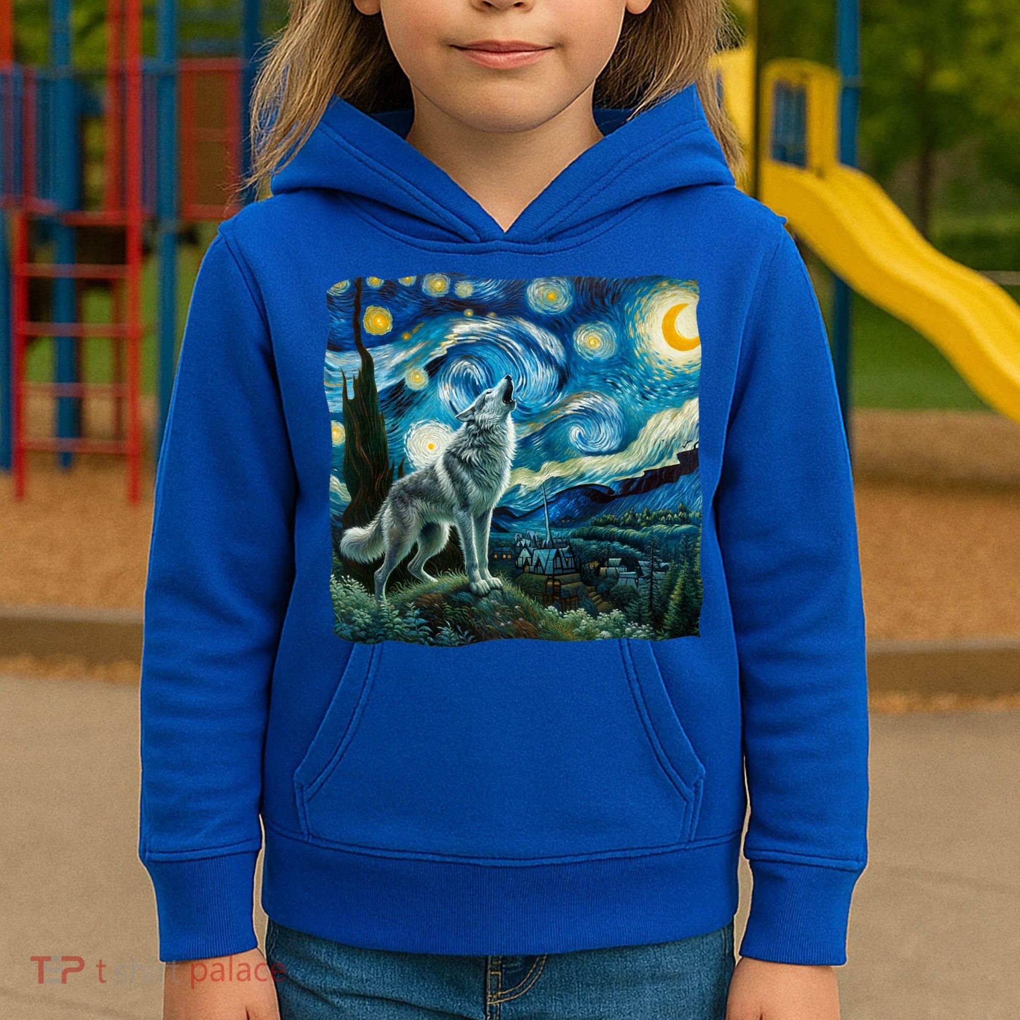 Wolf Starry Night Howling Moon Funny Gifts Van Gogh Kids Hoodie