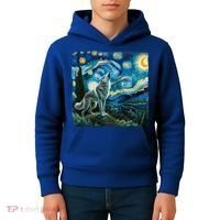 Wolf Starry Night Howling Moon Funny Gifts Van Gogh Kids Hoodie thumb 4