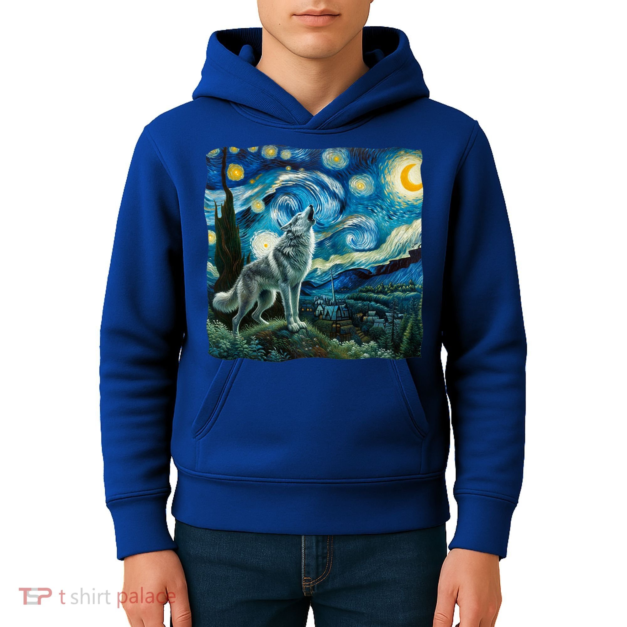 Wolf Starry Night Howling Moon Funny Gifts Van Gogh Kids Hoodie