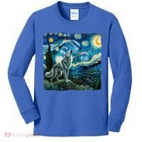 Wolf Starry Night Howling Moon Funny Gifts Van Gogh Kids Long Sleeve Shirt thumb 0